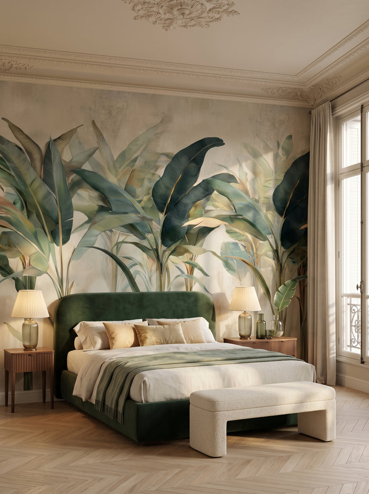 Fototapeta artystyczna o nazwie BOTANICAL SERENITY w aranżacji wnętrza: sypialnia w paryskim apartamencie.