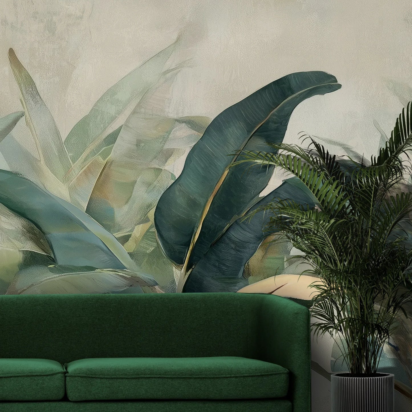 Fototapeta BOTANICAL SERENITY - tapeta z tropikalnymi liśćmi w stonowanych odcieniach pokazana w aranżacji wnętrza z akcentem na ścianie.