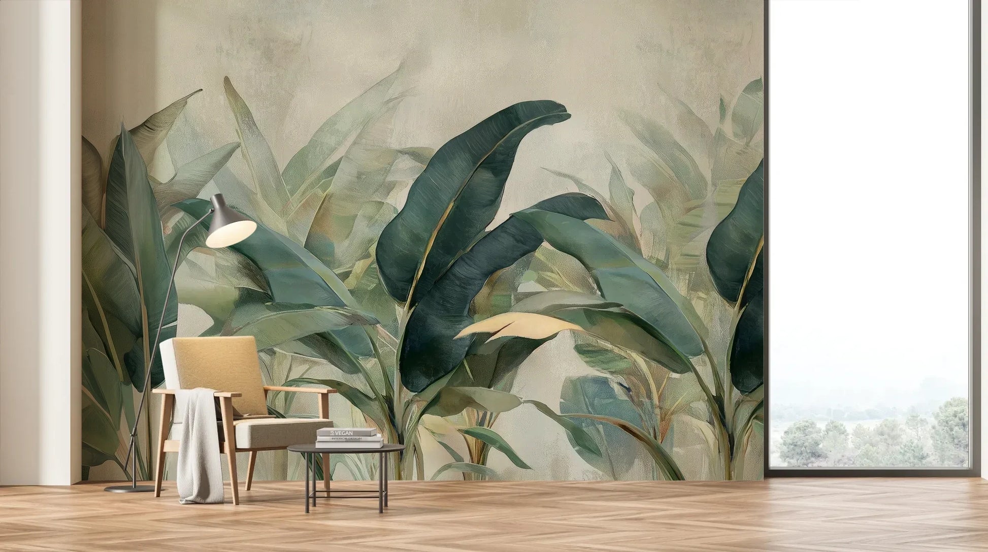 Wzór fototapety BOTANICAL SERENITY - tapeta z tropikalnymi liśćmi w stonowanych odcieniach pokazanej w aranżacji salonu.