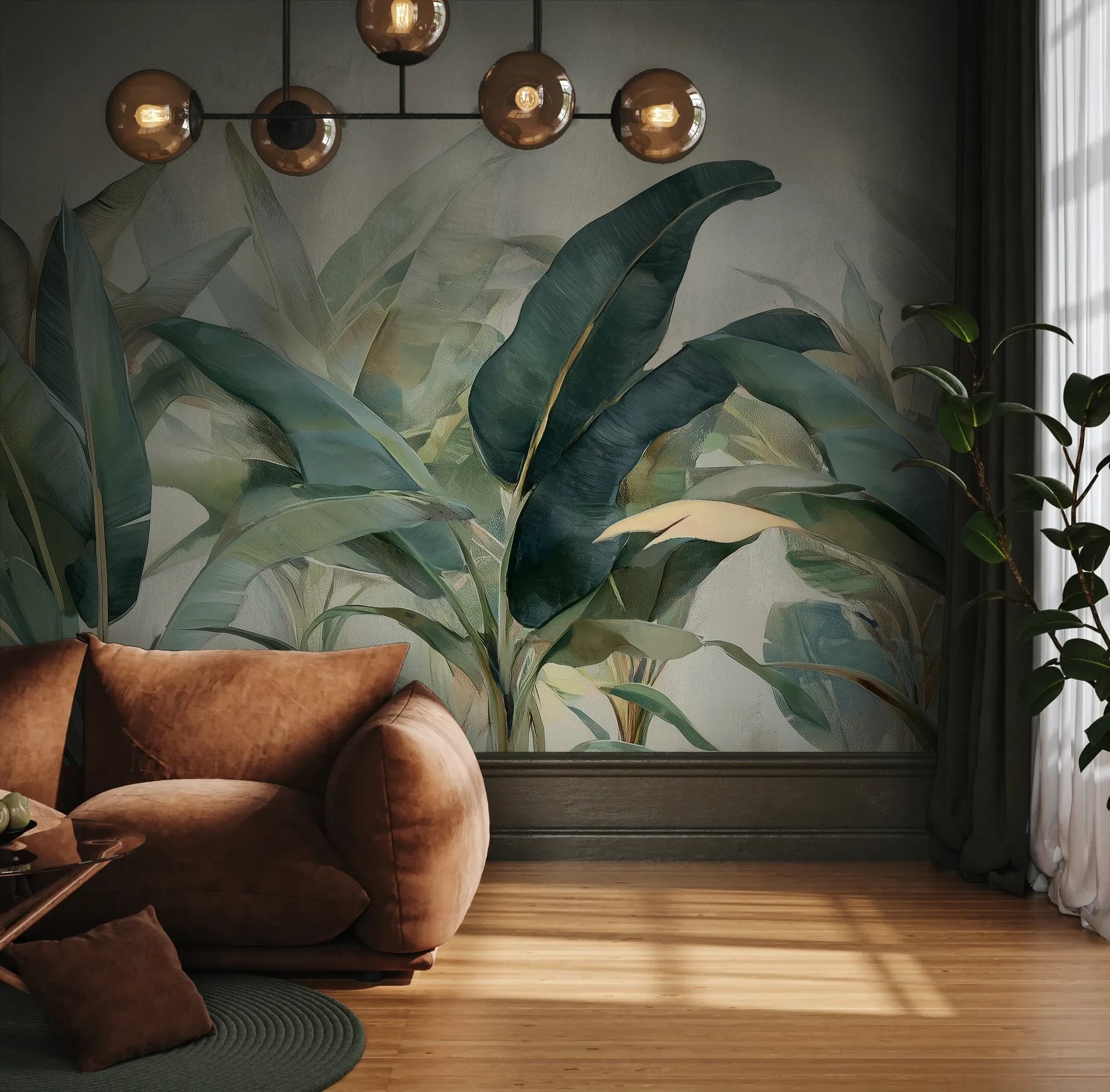 Fototapeta BOTANICAL SERENITY - tapeta z tropikalnymi liśćmi w stonowanych odcieniach pokazana w aranżacji wnętrza z akcentem na ścianie.