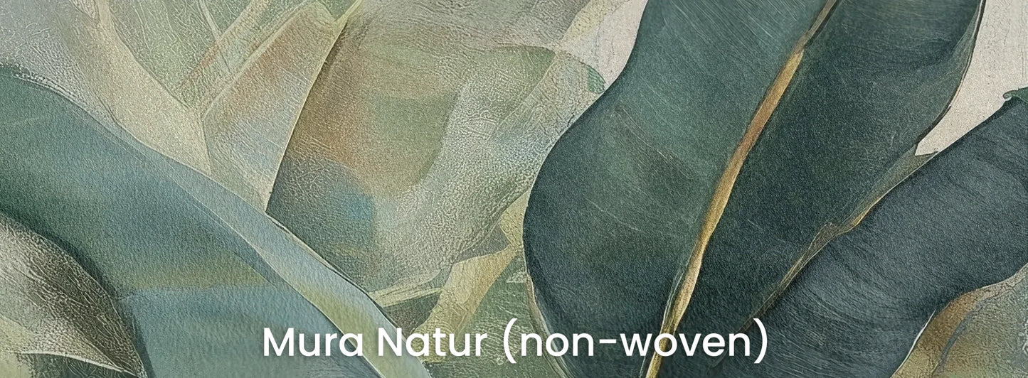 Zbliżenie na fototapetę BOTANICAL SERENITY - tapeta z tropikalnymi liśćmi w stonowanych odcieniach na naturalnym podłożu ekologicznym.
