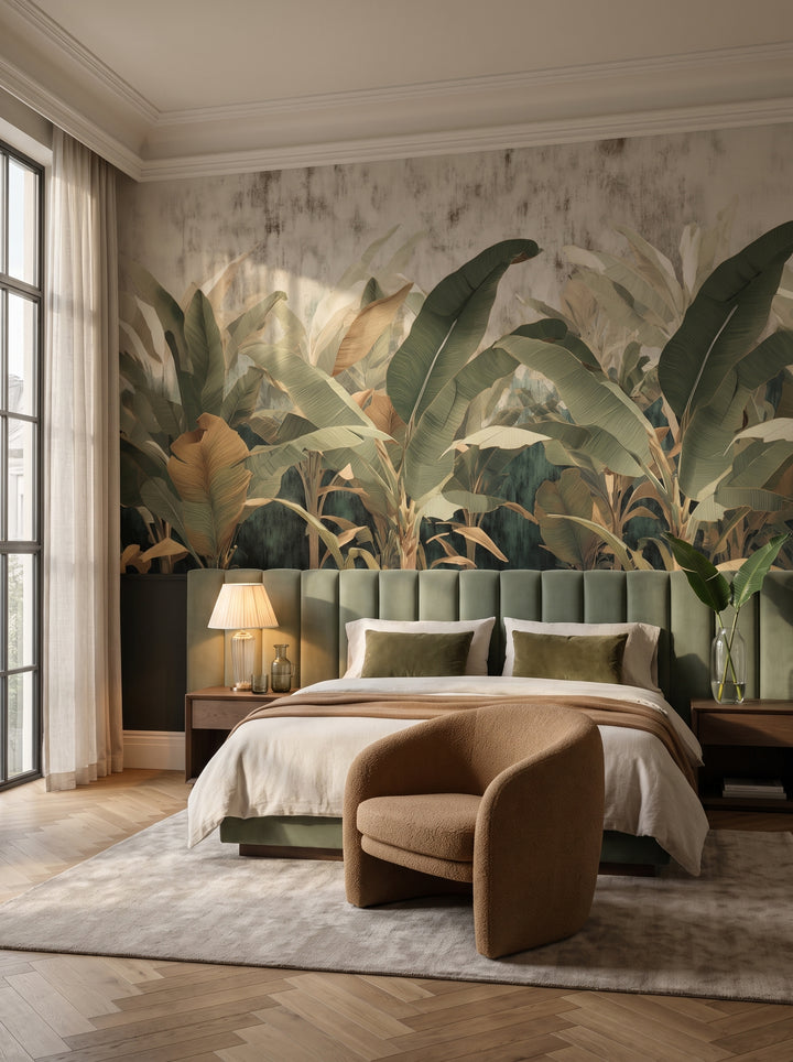 Fototapeta artystyczna o nazwie BANANA LEAVES SHADOW w aranżacji wnętrza: apartament w pięciogwiazdkowym hotelu w stylu quiet luxury.