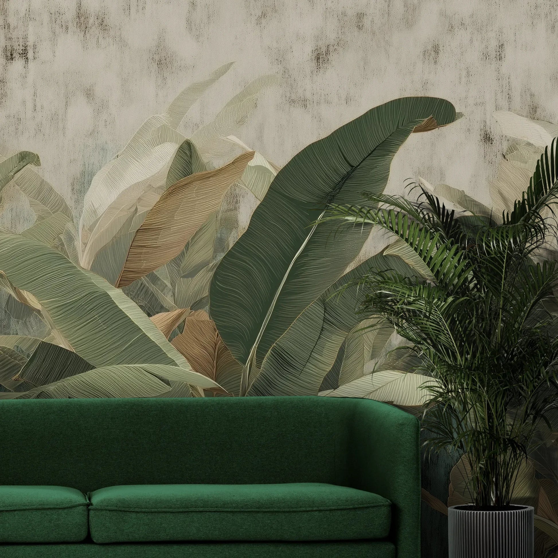 Fototapeta BANANA LEAVES SHADOW - tapeta z tropikalnymi liśćmi bananowca pokazana w aranżacji wnętrza z akcentem na ścianie.