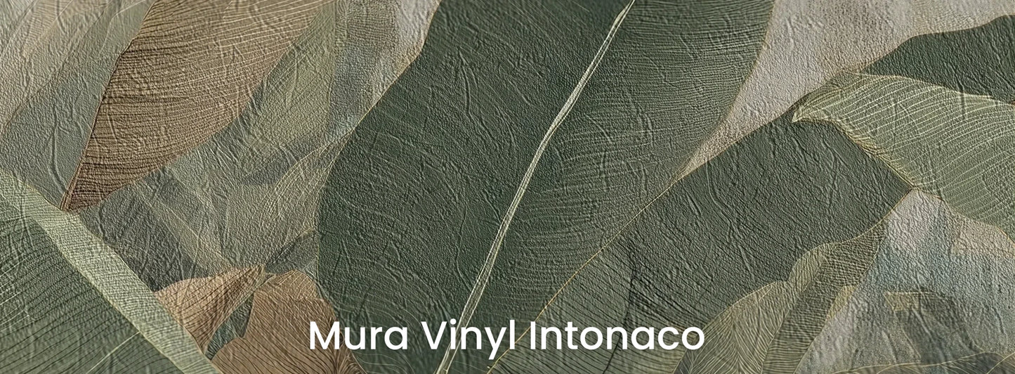 Zbliżenie na fototapetę BANANA LEAVES SHADOW - tapeta z tropikalnymi liśćmi bananowca na podłożu o strukturze tartego tynku.