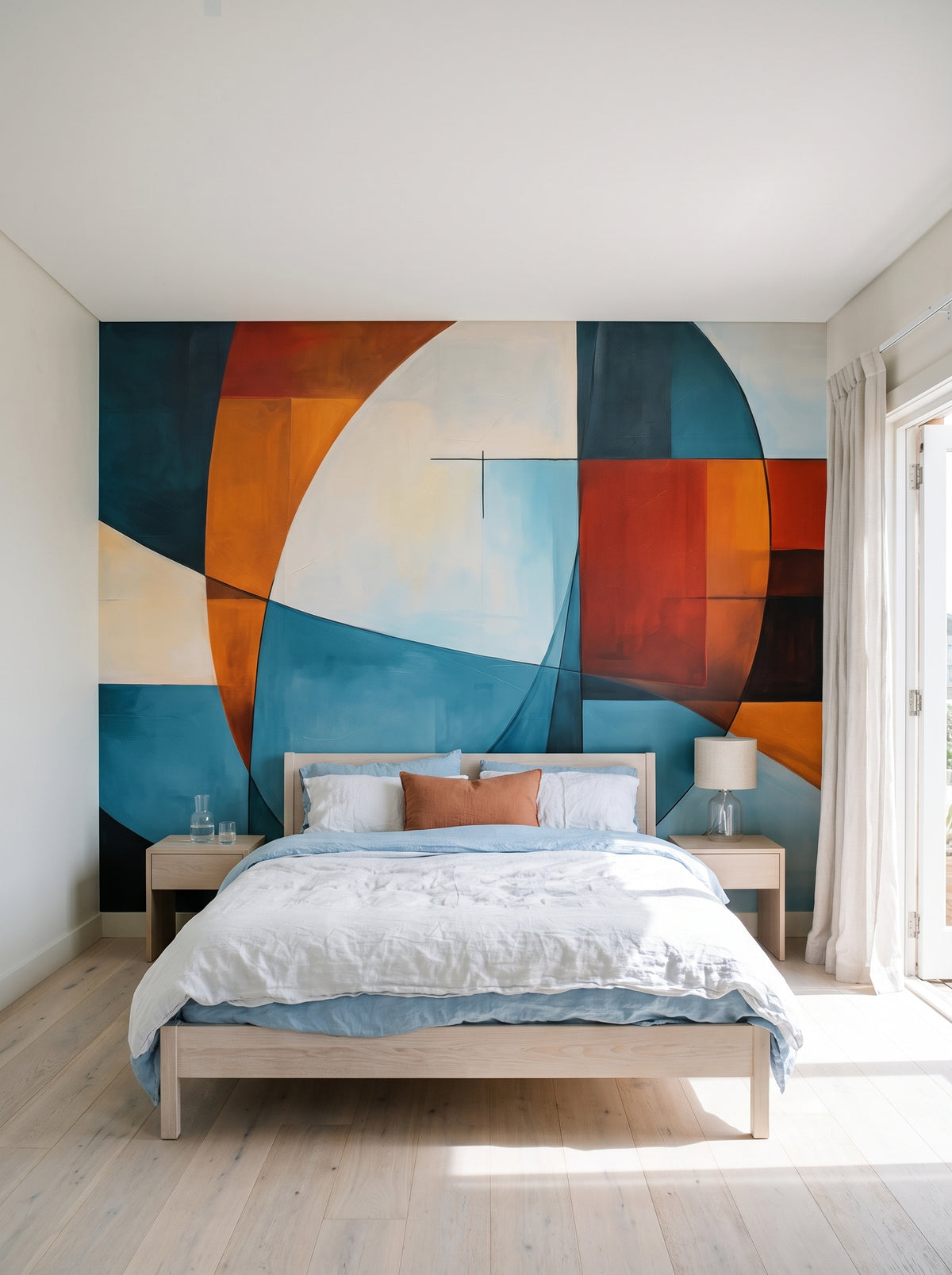 Fototapeta artystyczna o nazwie Geometric Intersection w aranżacji wnętrza: sypialnia w nadmorskiej rezydencji.