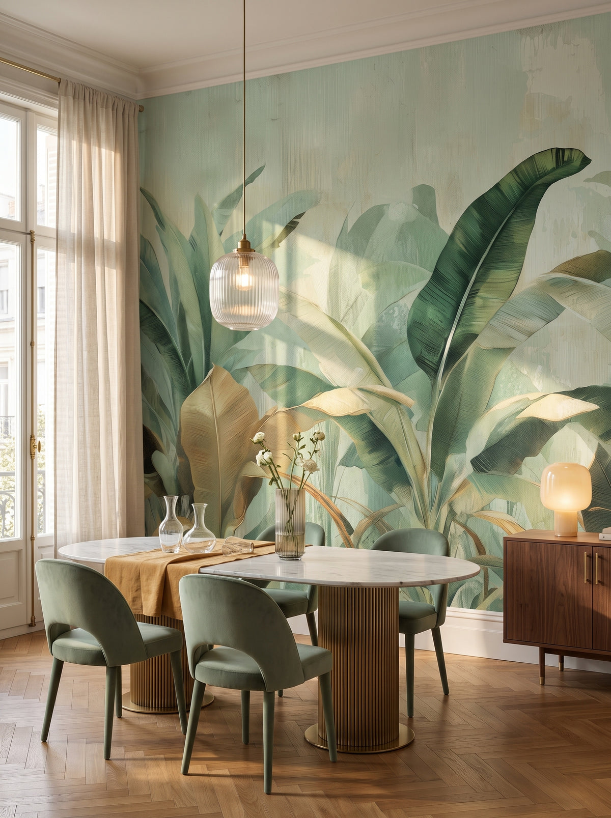 Fototapeta artystyczna o nazwie BANANA LEAF SYMPHONY w aranżacji wnętrza: formalna jadalnia w stylu nowoczesnej klasyki.