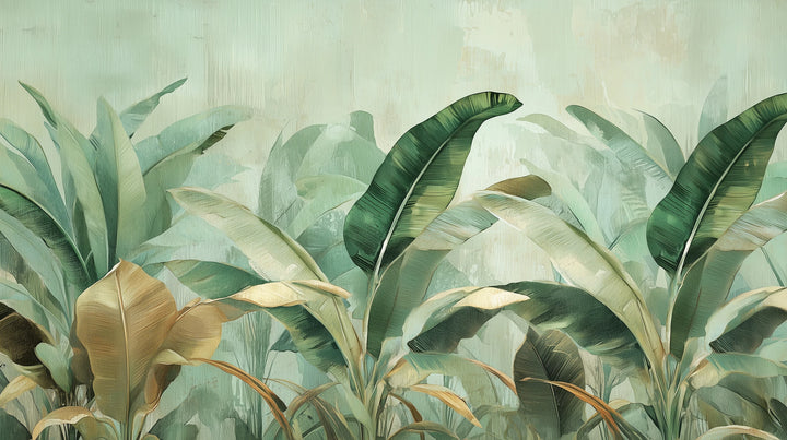 Prezentacja całego wzoru fototapety o nazwie BANANA LEAF SYMPHONY - tapeta z tropikalnymi liśćmi bananowca