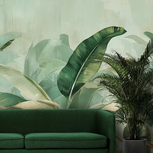 Fototapeta BANANA LEAF SYMPHONY - tapeta z tropikalnymi liśćmi bananowca pokazana w aranżacji wnętrza z akcentem na ścianie.