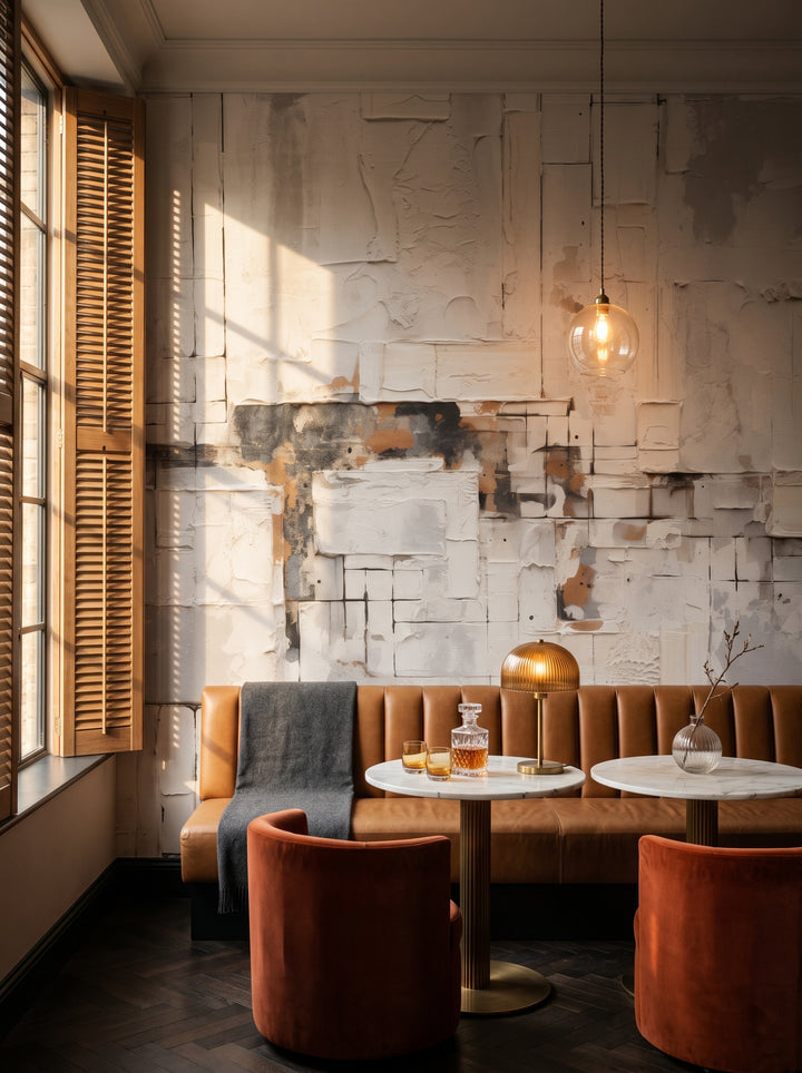 Fototapeta artystyczna o nazwie Weathered Charm w aranżacji wnętrza: bar-lounge w butikowym hotelu.