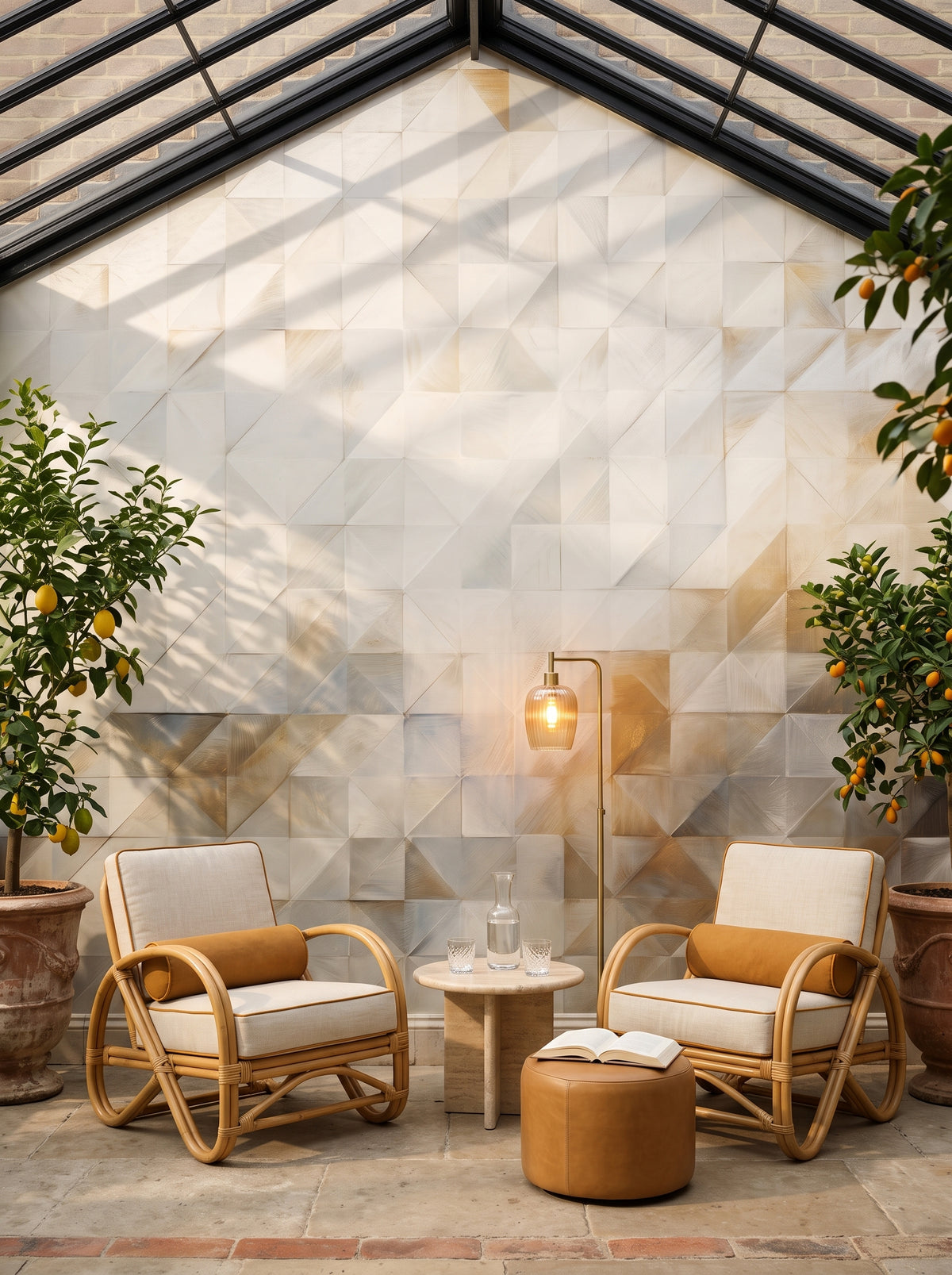 Fototapeta artystyczna o nazwie Geometric Tranquility w aranżacji wnętrza: czytelnia w żeliwno-szklanej oranżerii.