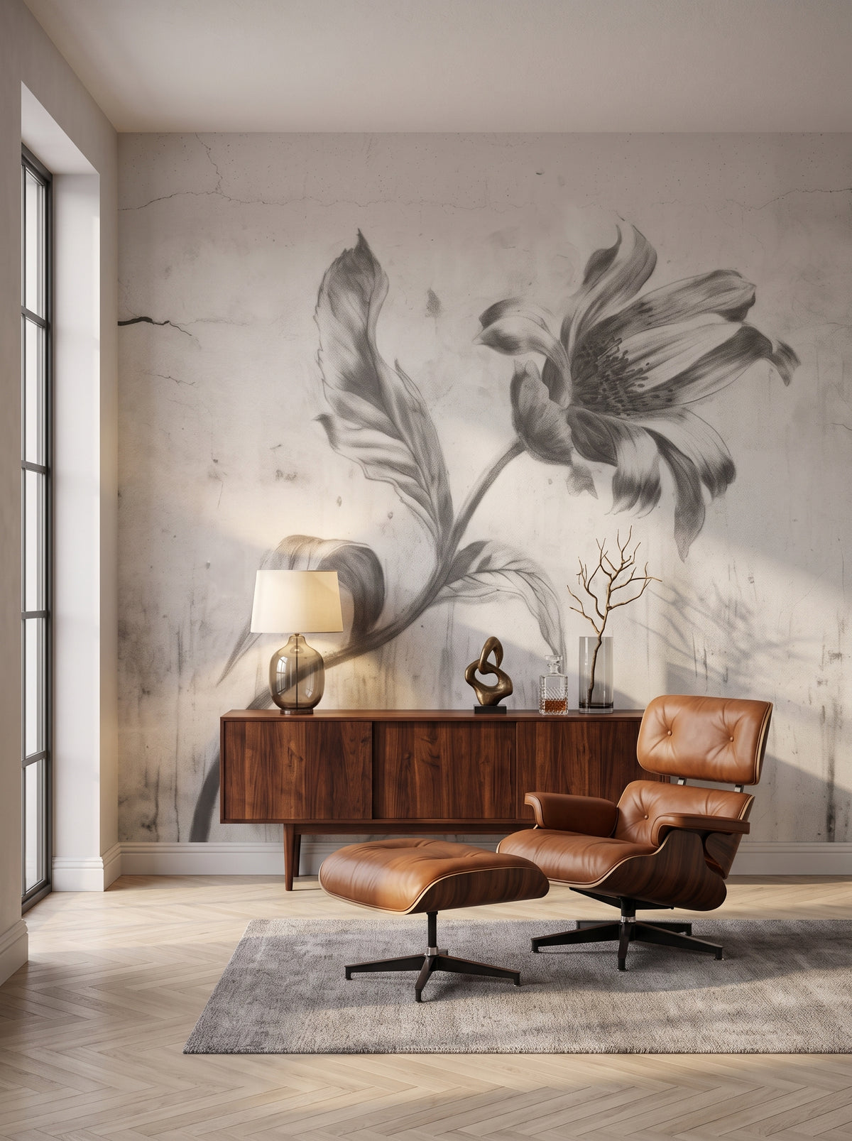 Fototapeta artystyczna o nazwie CONCRETE BLOOM w aranżacji wnętrza: salon kolekcjonera w stylu mid-century modern.