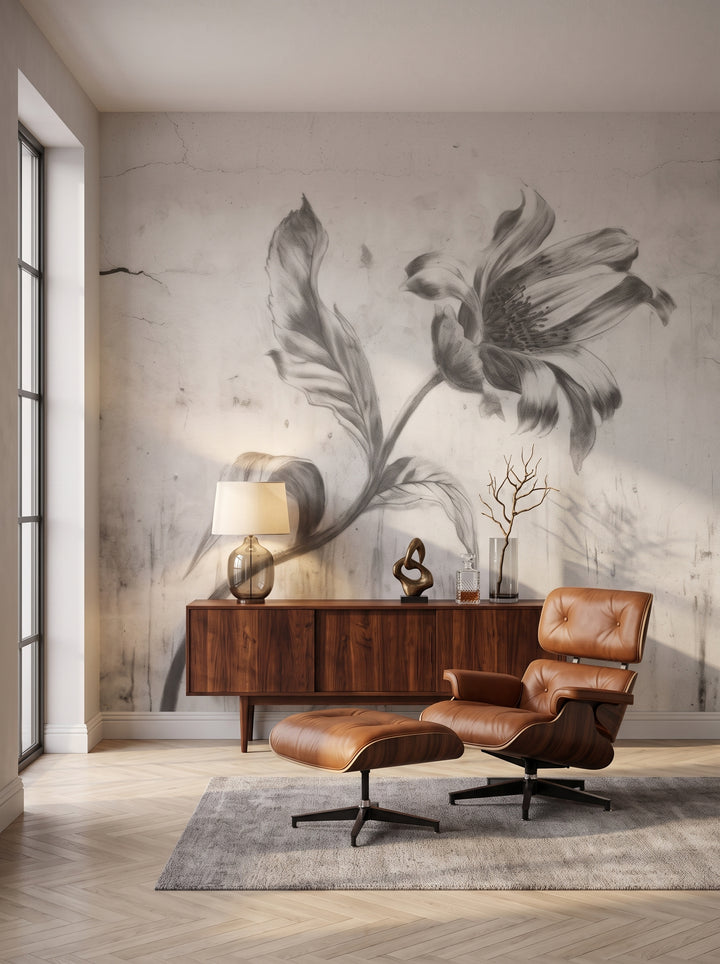 Fototapeta artystyczna o nazwie CONCRETE BLOOM w aranżacji wnętrza: salon kolekcjonera w stylu mid-century modern.