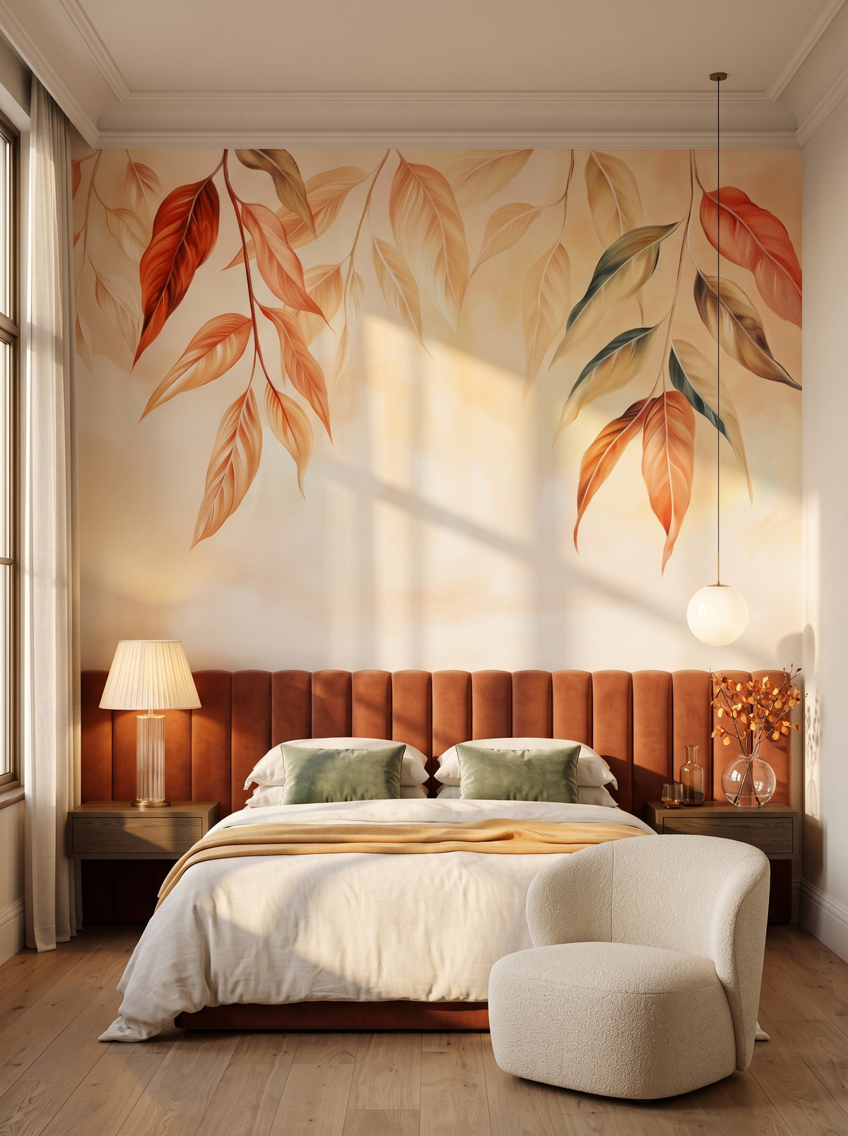 Fototapeta artystyczna o nazwie Autumn Radiance w aranżacji wnętrza: apartament w pięciogwiazdkowym hotelu w stylu quiet luxury.