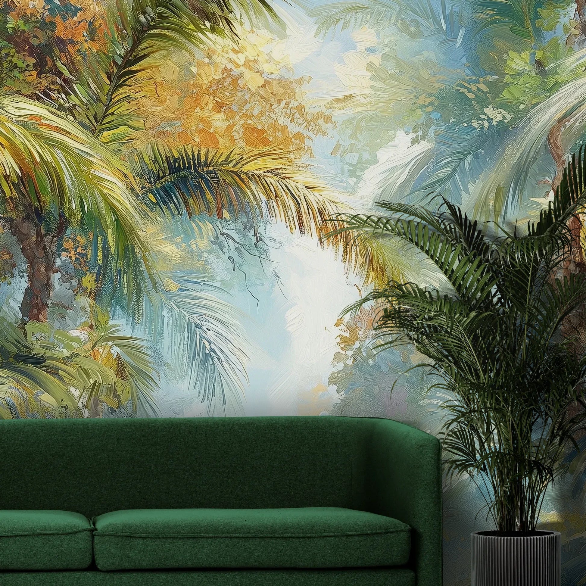Fototapeta PALM RADIANCE - tapeta z tropikalną dżunglą w złocistym świetle pokazana w aranżacji wnętrza z akcentem na ścianie.