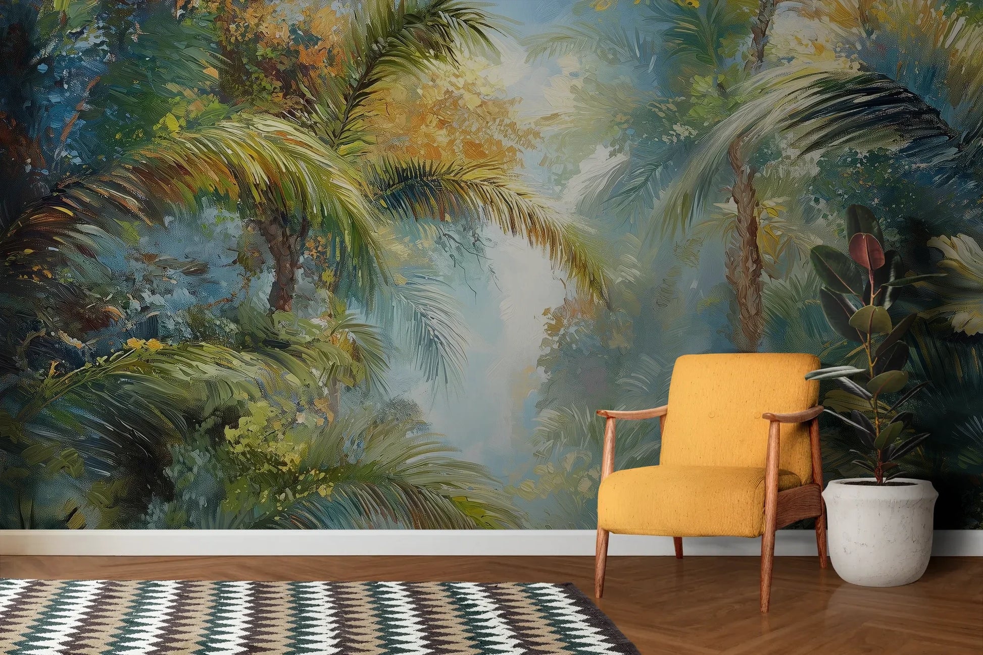 Wzór fototapety PALM RADIANCE - tapeta z tropikalną dżunglą w złocistym świetle pokazanej w aranżacji salonu.