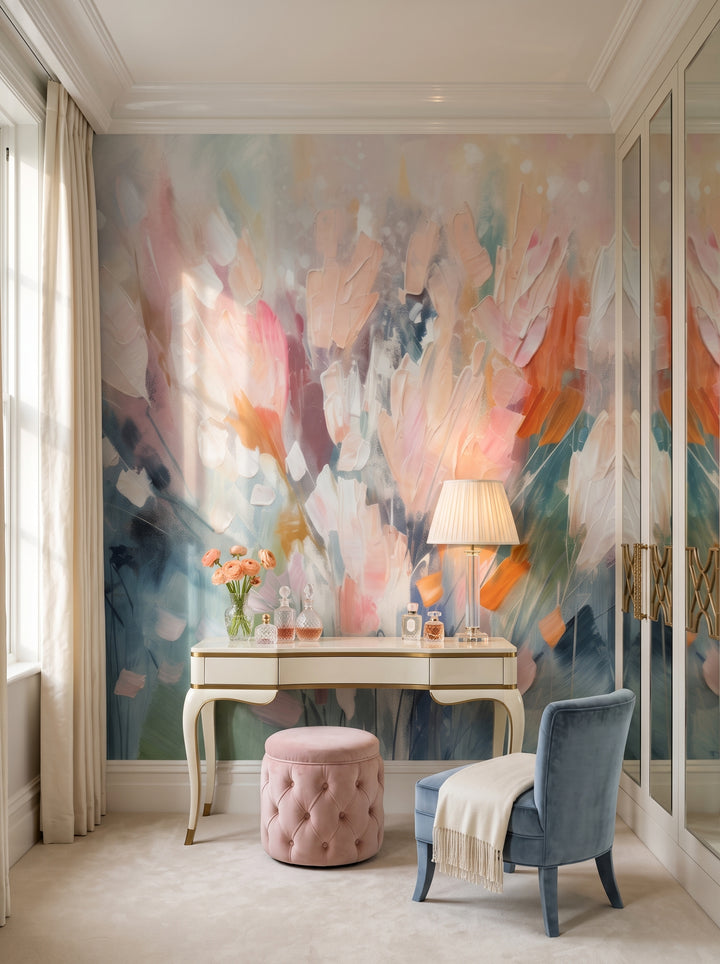 Fototapeta artystyczna o nazwie Ethereal Floral Canvas w aranżacji wnętrza: garderoba w stylu Hollywood Regency.