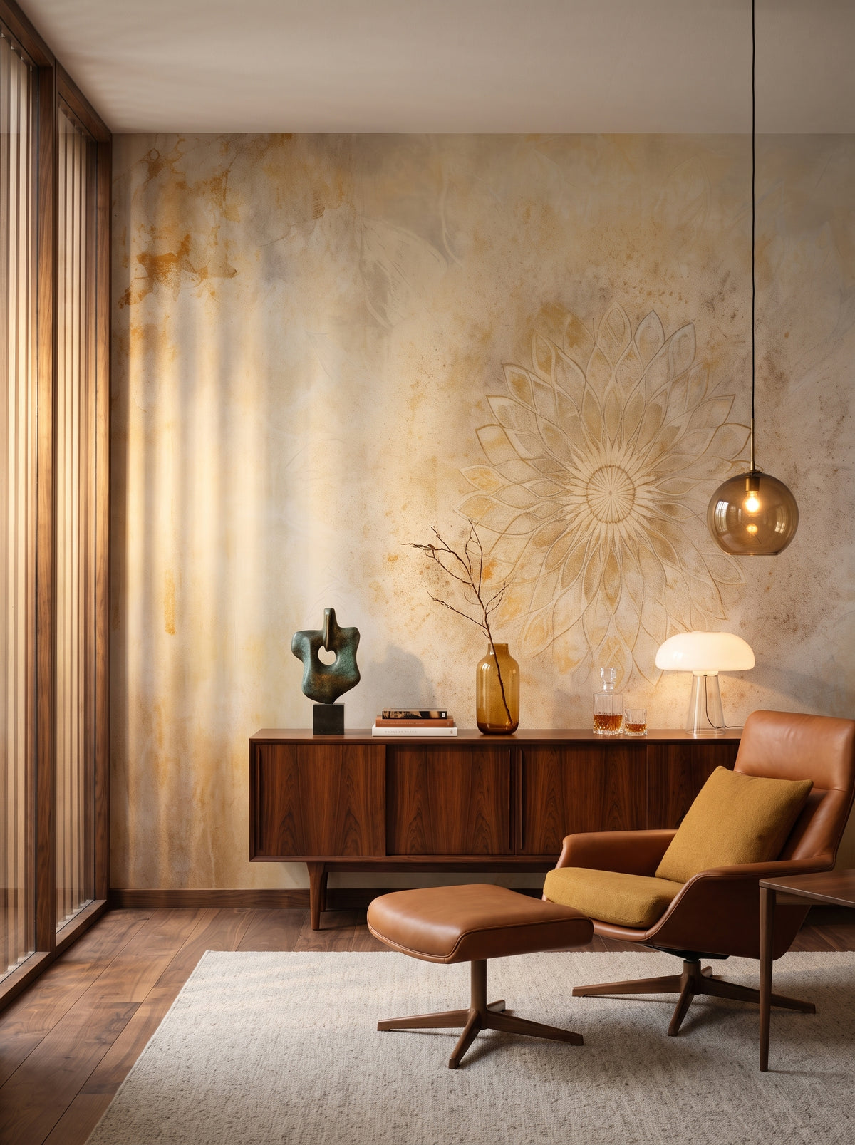 Fototapeta artystyczna o nazwie Subtle Sunburst w aranżacji wnętrza: salon kolekcjonera w modernistycznym domu z lat 60..