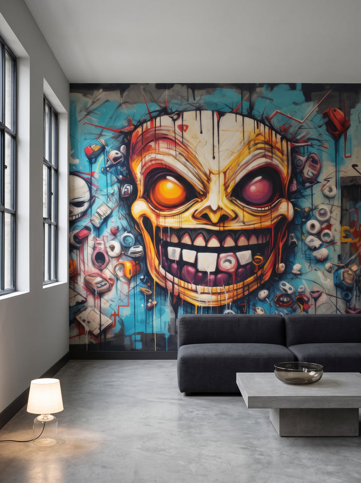 Fototapeta artystyczna o nazwie Frightful Reverie w aranżacji wnętrza: salon w lofcie w dawnym magazynie.