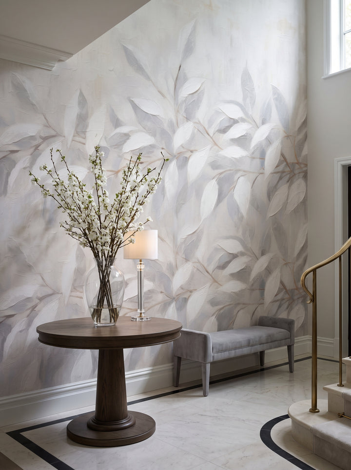 Fototapeta artystyczna o nazwie Silver Leaf Design w aranżacji wnętrza: hol wejściowy rezydencji.