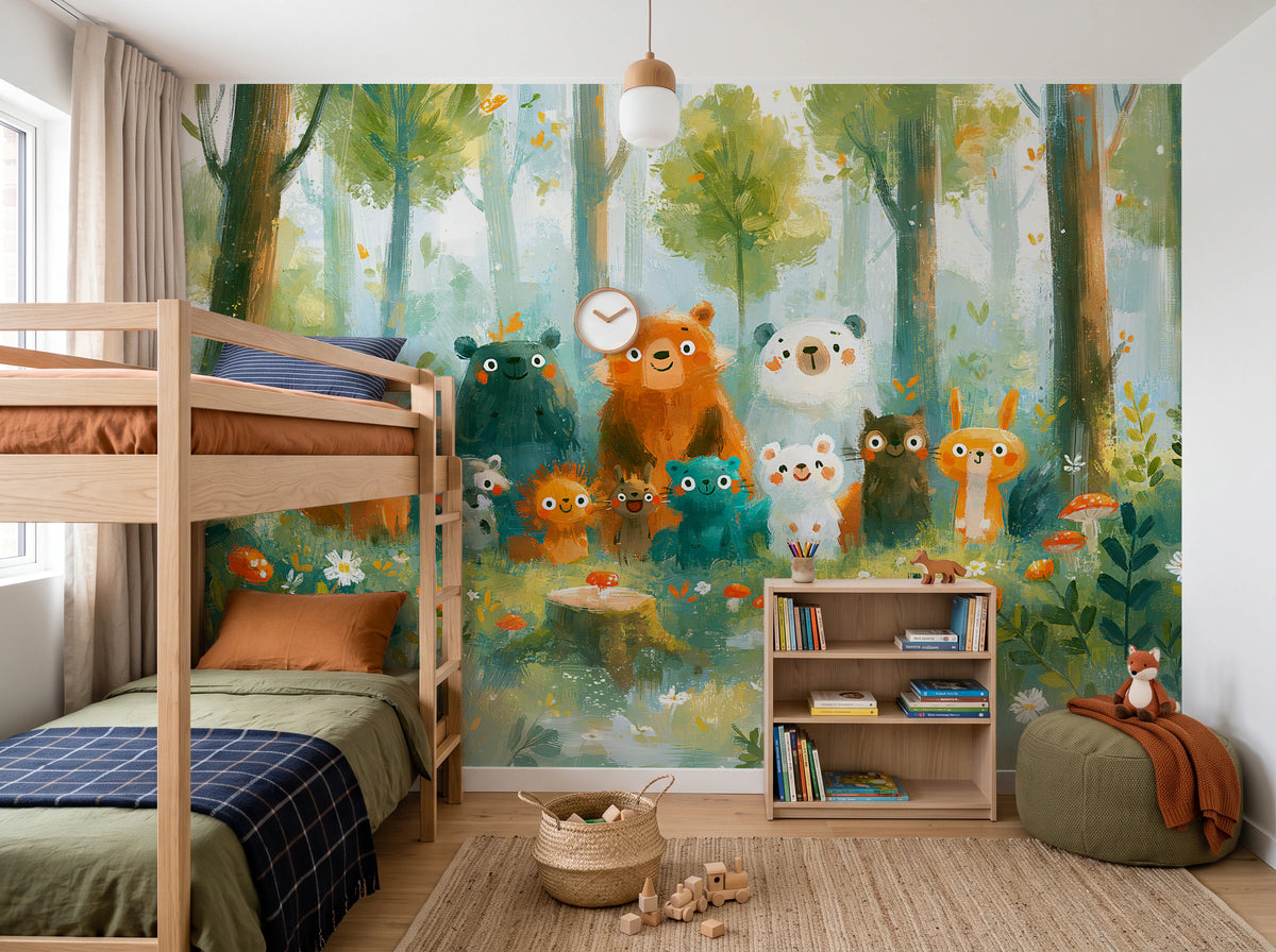SUNLIT CLEARING - tapeta z leśnymi zwierzętami na polanie — CHILDREN'S ROOM WITH BUNK BED