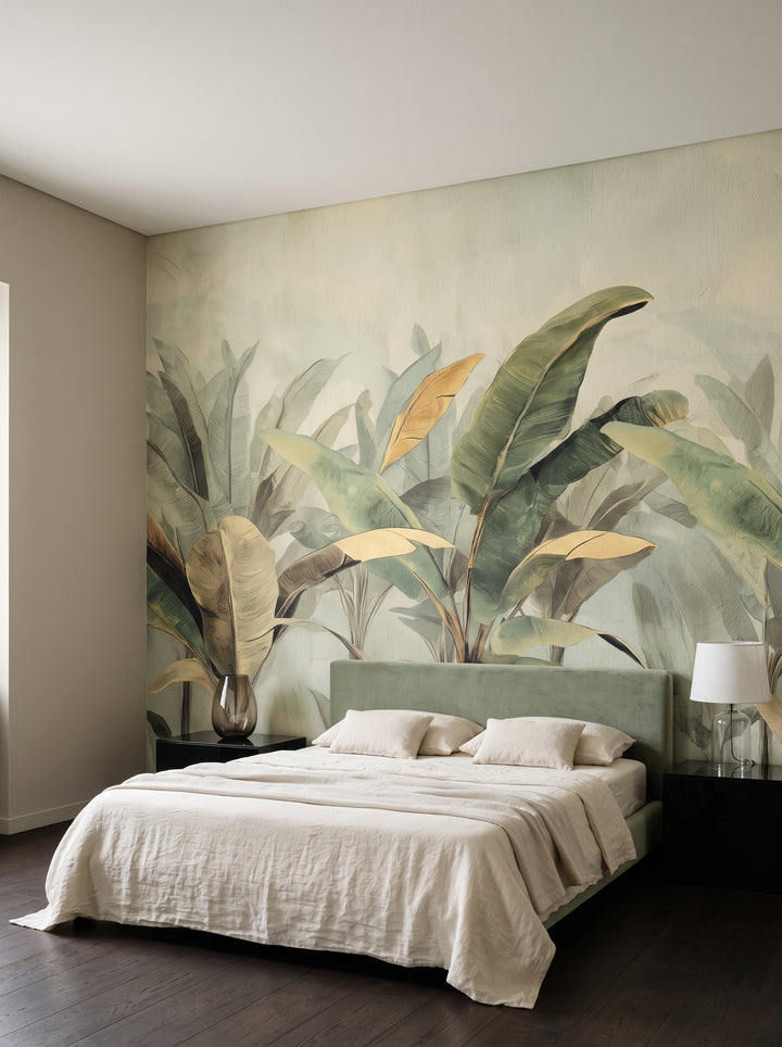Fototapeta artystyczna o nazwie BANANA SERENITY w aranżacji wnętrza: sypialnia w hotelu designerskim.