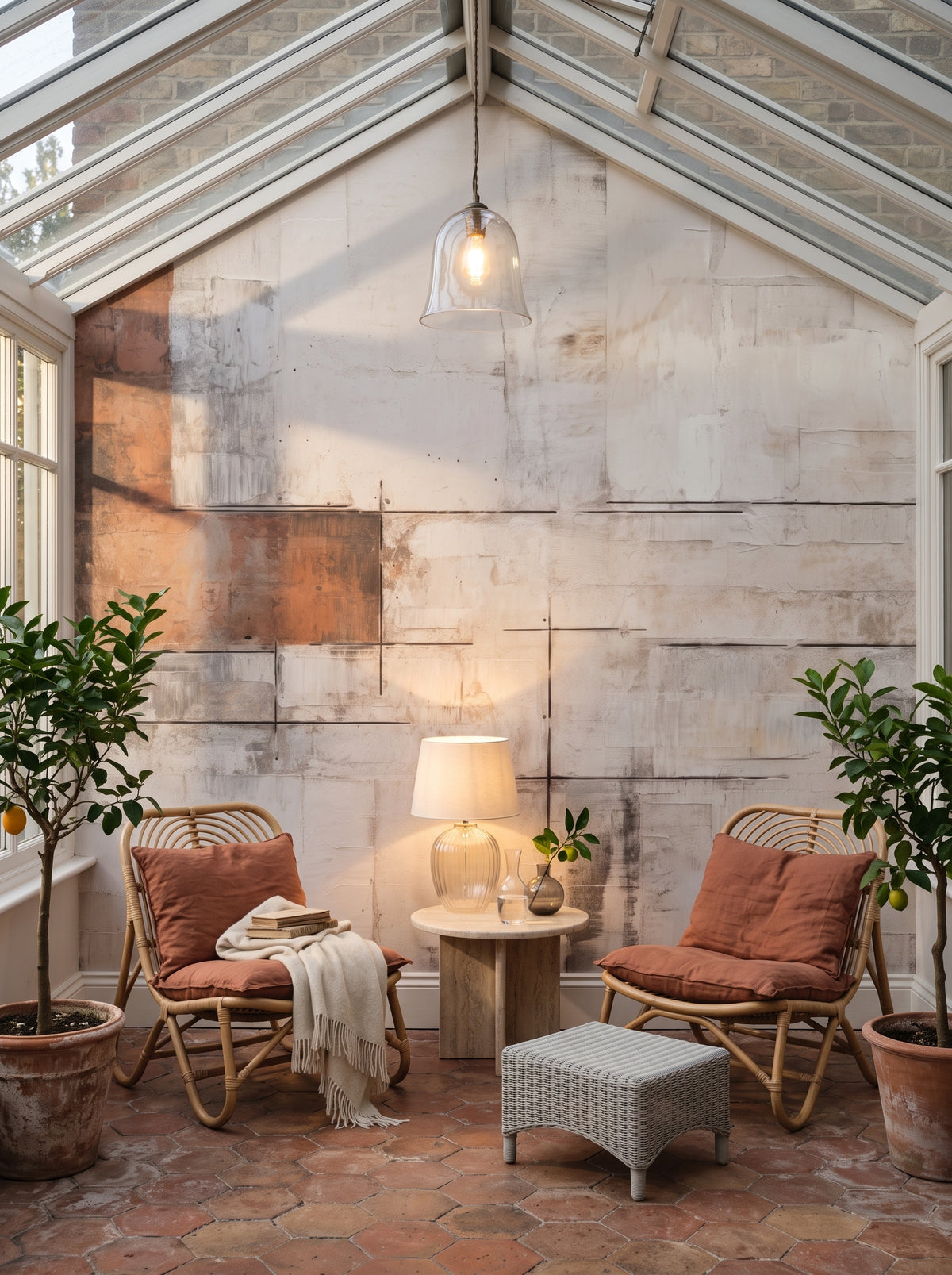 Fototapeta artystyczna o nazwie Whitewash Elegance w aranżacji wnętrza: czytelnia w oranżerii z żeliwa i szkła.