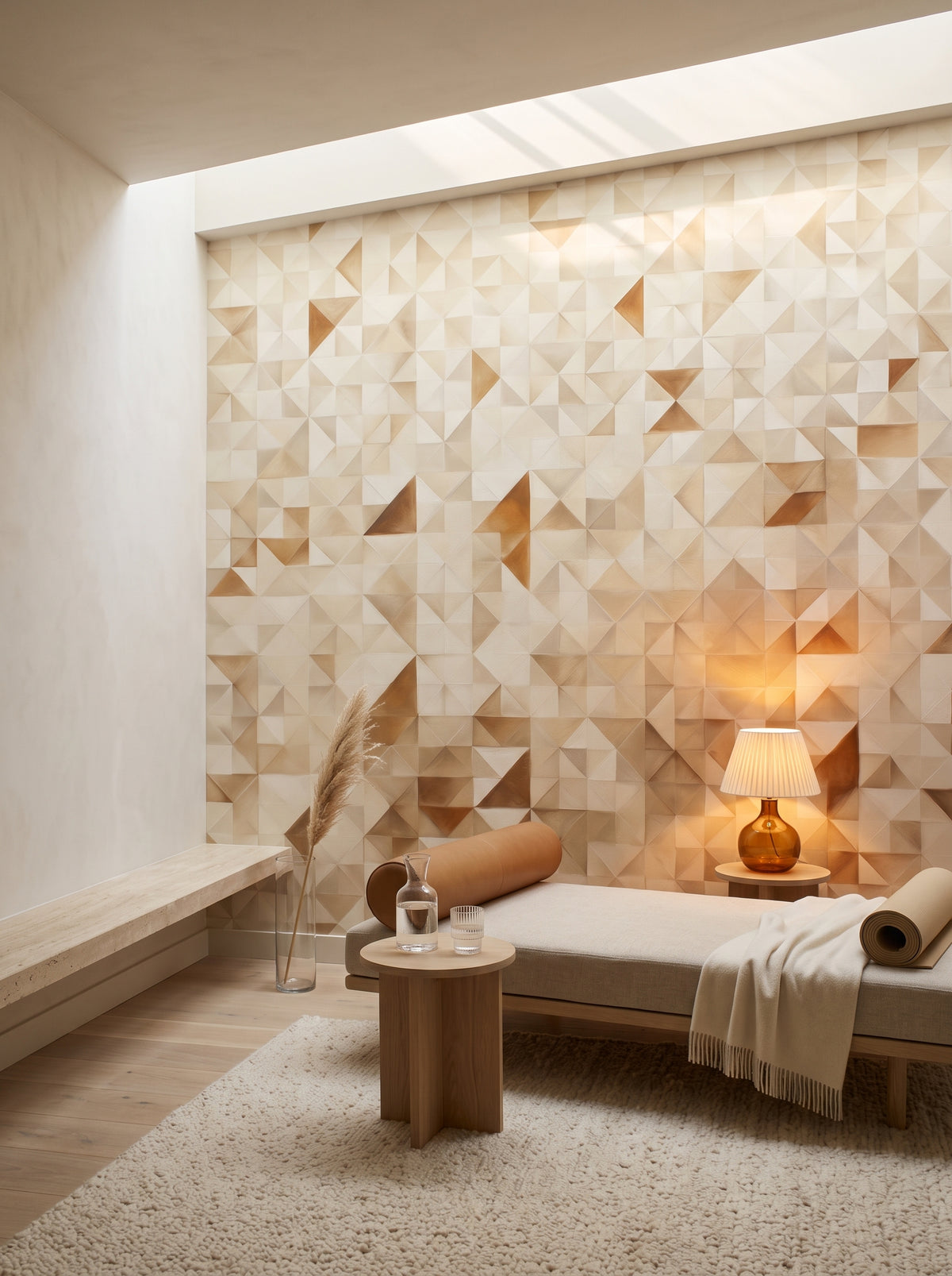 Carta da parati artistica «Abstract Peaks» in un interno: stanza wellness privata in una residenza moderna.