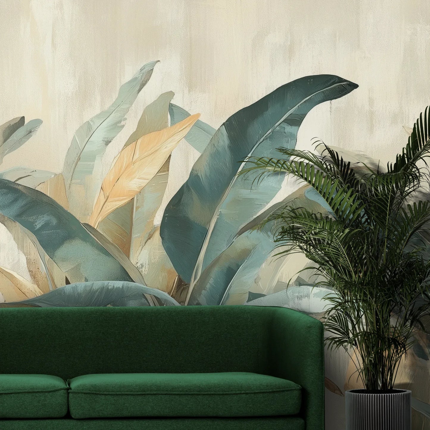 Fototapeta AZURE PALMS - tapeta z tropikalnymi liśćmi w turkusowych odcieniach pokazana w aranżacji wnętrza z akcentem na ścianie.