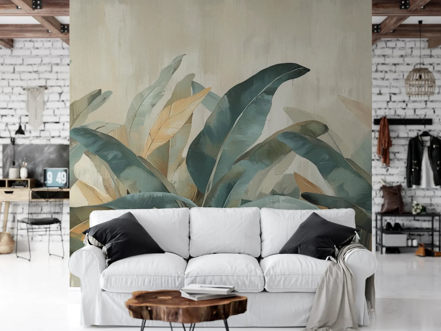 Wzór fototapety AZURE PALMS - tapeta z tropikalnymi liśćmi w turkusowych odcieniach pokazanej w aranżacji salonu.