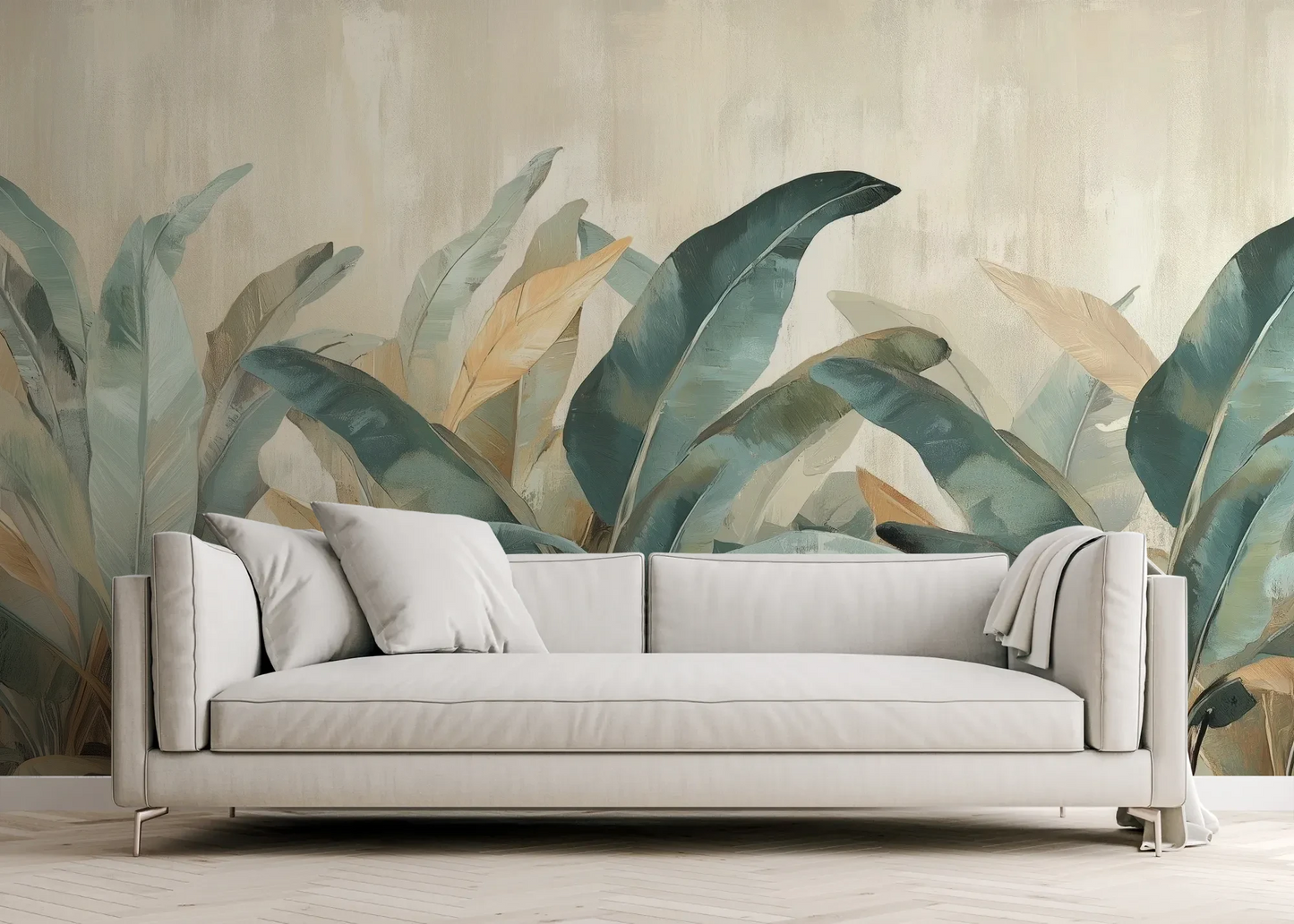 Wzór fototapety AZURE PALMS - tapeta z tropikalnymi liśćmi w turkusowych odcieniach pokazanej w aranżacji salonu.
