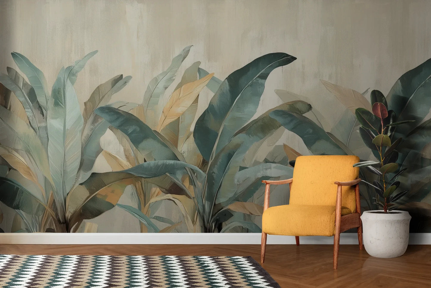 Wzór fototapety AZURE PALMS - tapeta z tropikalnymi liśćmi w turkusowych odcieniach pokazanej w aranżacji salonu.