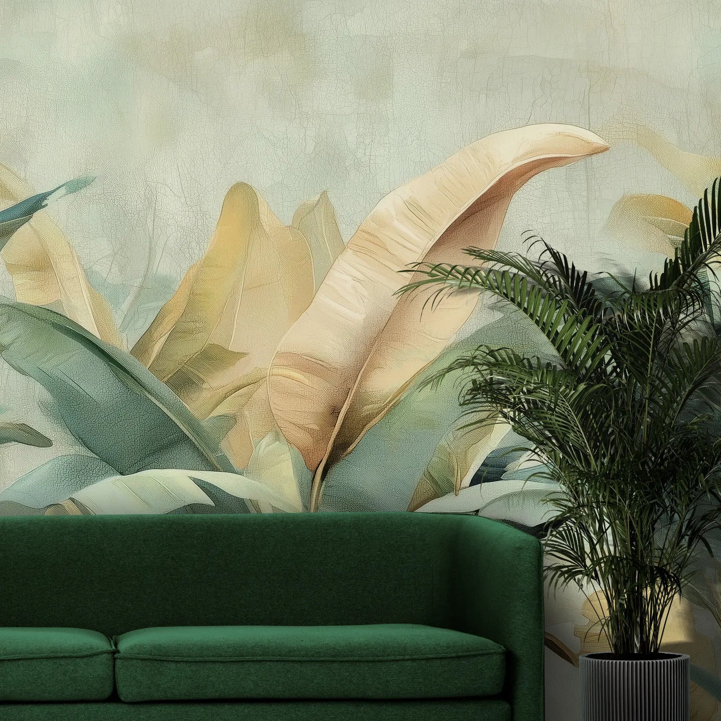 Fototapeta TROPICAL WHISPERS - tapeta z egzotycznymi liśćmi w odcieniach turkusu i złota pokazana w aranżacji wnętrza z akcentem na ścianie.