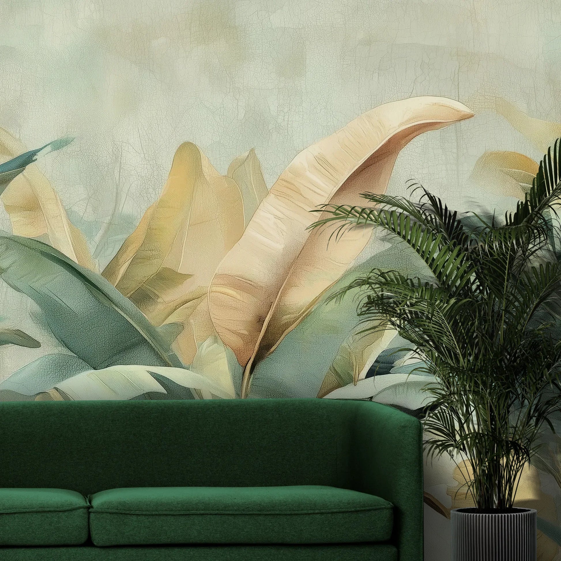 Fototapeta TROPICAL WHISPERS - tapeta z egzotycznymi liśćmi w odcieniach turkusu i złota pokazana w aranżacji wnętrza z akcentem na ścianie.