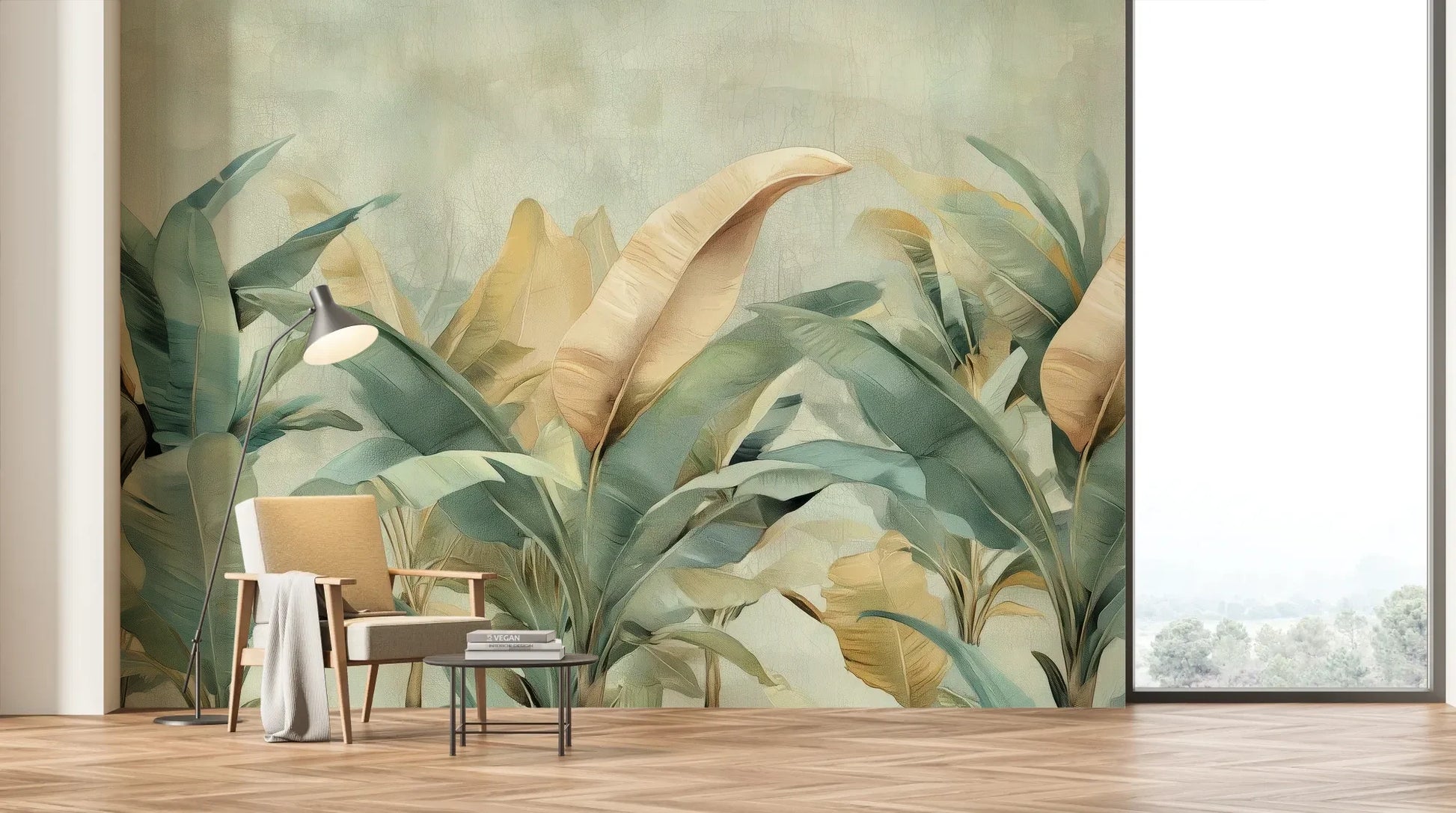 Wzór fototapety TROPICAL WHISPERS - tapeta z egzotycznymi liśćmi w odcieniach turkusu i złota pokazanej w aranżacji salonu.