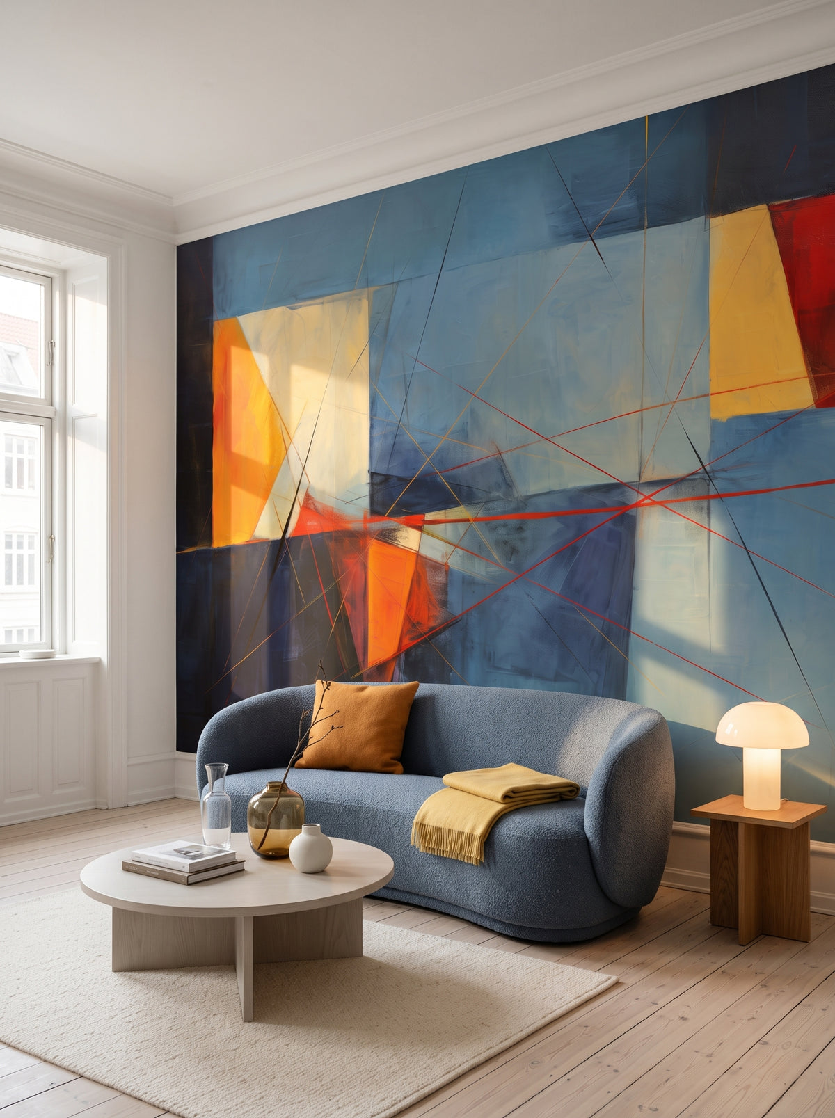 Fototapeta artystyczna o nazwie Amber Geometric w aranżacji wnętrza: kawalerka-studio w kopenhaskiej kamienicy.