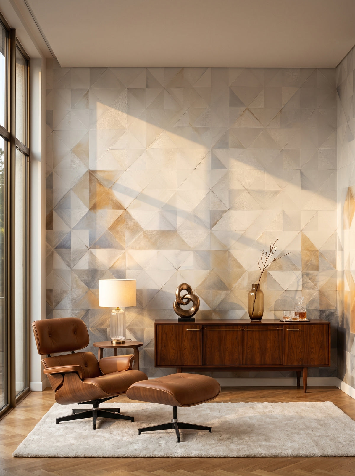 Fototapeta artystyczna o nazwie Soft Geometric Play w aranżacji wnętrza: salon kolekcjonera w stylu mid-century modern.