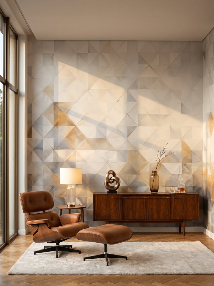 Fototapeta artystyczna o nazwie Soft Geometric Play w aranżacji wnętrza: salon kolekcjonera w stylu mid-century modern.