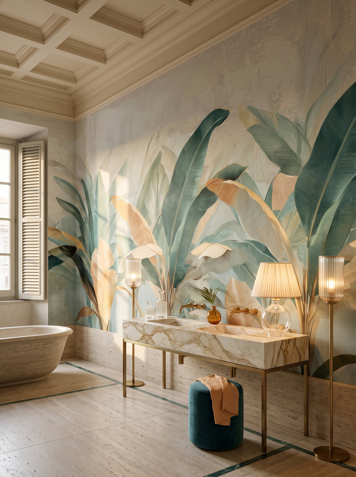 Fototapeta artystyczna o nazwie PALM SERENITY w aranżacji wnętrza: łazienka w rzymskim palazzo.