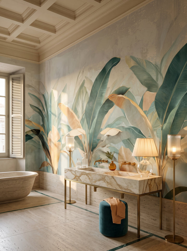 Fototapeta artystyczna o nazwie PALM SERENITY w aranżacji wnętrza: łazienka w rzymskim palazzo.