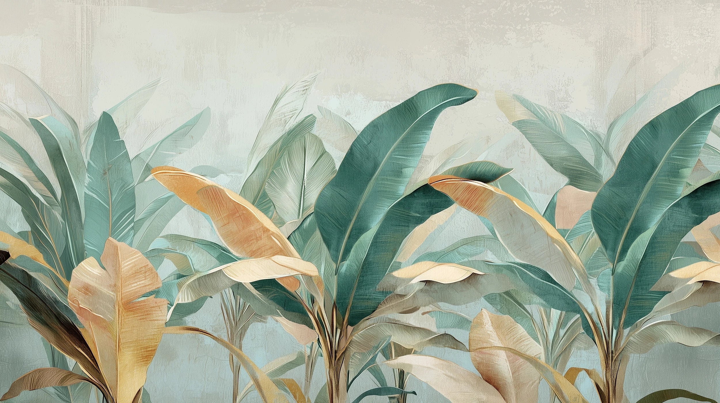 Pattern preview: Prezentacja całego wzoru fototapety o nazwie PALM SERENITY - tapeta z tropikalnymi liśćmi palm w stonowanych odcieniach