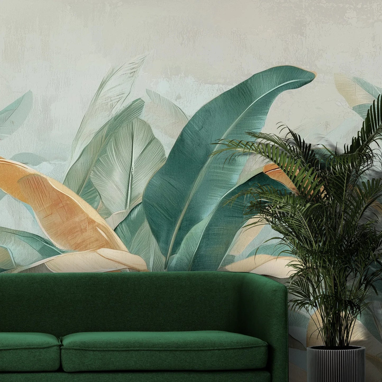 Fototapeta PALM SERENITY - tapeta z tropikalnymi liśćmi palm w stonowanych odcieniach pokazana w aranżacji wnętrza z akcentem na ścianie.