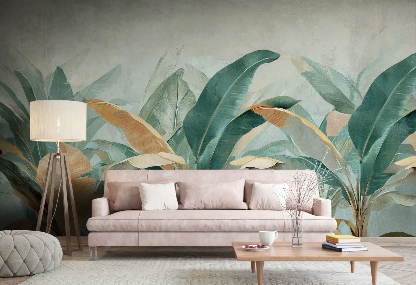 Wzór fototapety PALM SERENITY - tapeta z tropikalnymi liśćmi palm w stonowanych odcieniach pokazanej w aranżacji salonu.