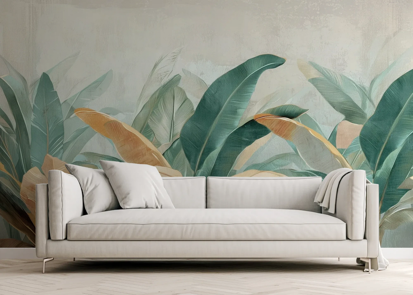 Wzór fototapety PALM SERENITY - tapeta z tropikalnymi liśćmi palm w stonowanych odcieniach pokazanej w aranżacji salonu.