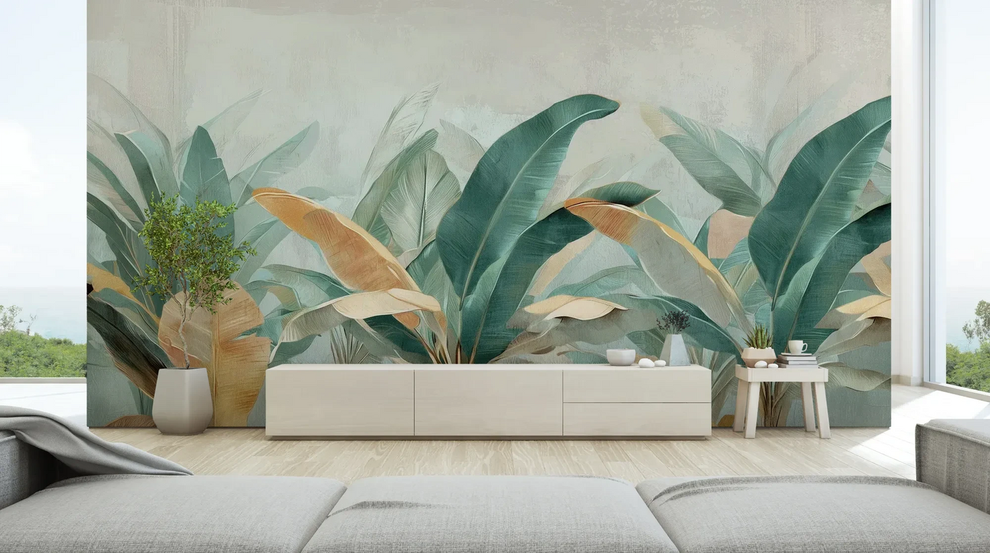 Wzór fototapety PALM SERENITY - tapeta z tropikalnymi liśćmi palm w stonowanych odcieniach pokazanej w aranżacji salonu.