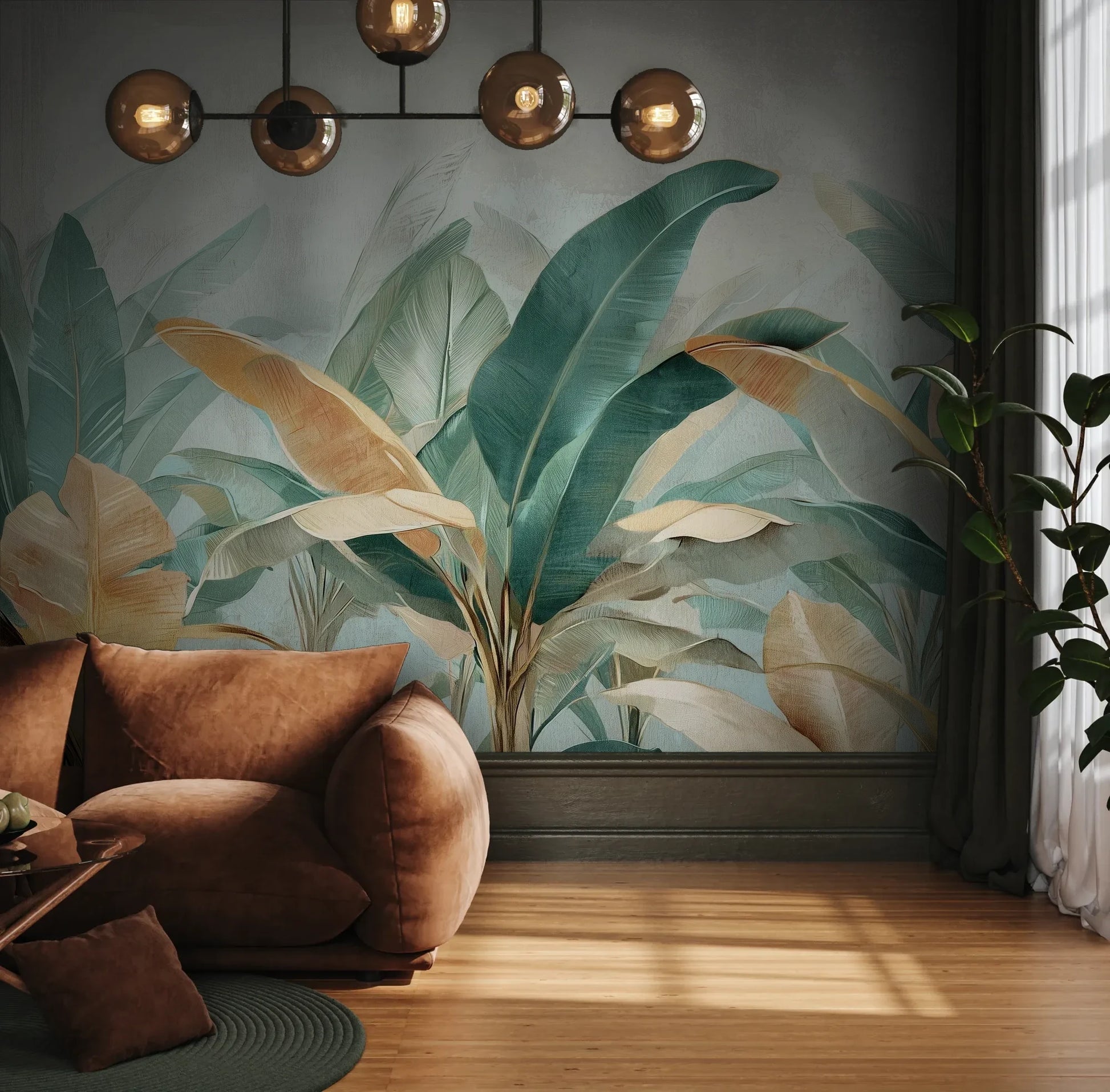 Fototapeta PALM SERENITY - tapeta z tropikalnymi liśćmi palm w stonowanych odcieniach pokazana w aranżacji wnętrza z akcentem na ścianie.