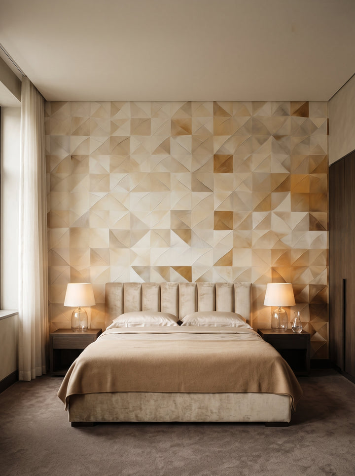 Fototapeta artystyczna o nazwie Golden Mosaic w aranżacji wnętrza: apartament w pięciogwiazdkowym hotelu.