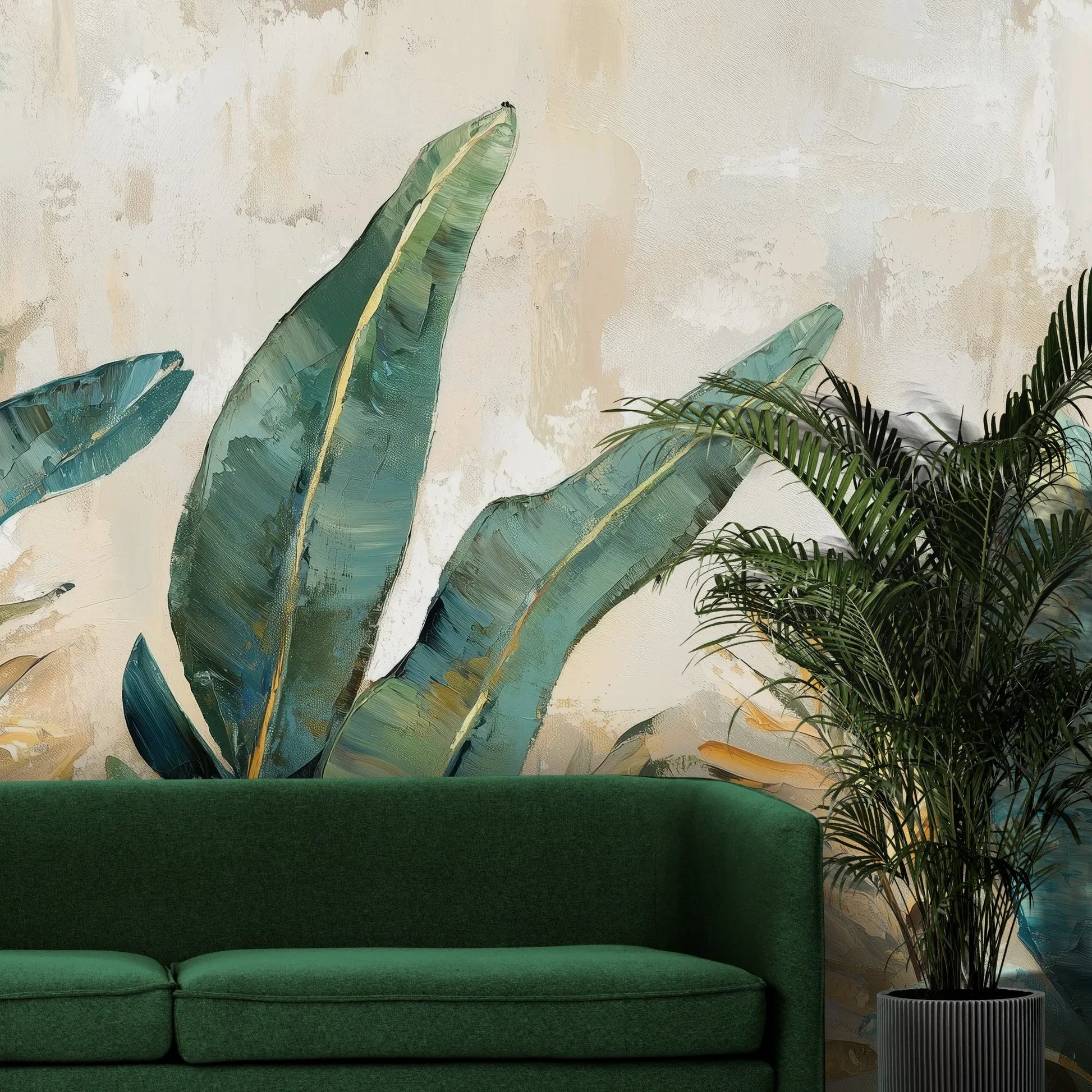 Fototapeta AQUA FOLIAGE - tapeta z tropikalnymi liśćmi w turkusowych odcieniach pokazana w aranżacji wnętrza z akcentem na ścianie.