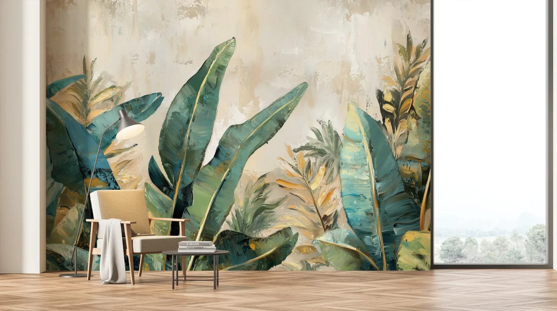 Wzór fototapety AQUA FOLIAGE - tapeta z tropikalnymi liśćmi w turkusowych odcieniach pokazanej w aranżacji salonu.