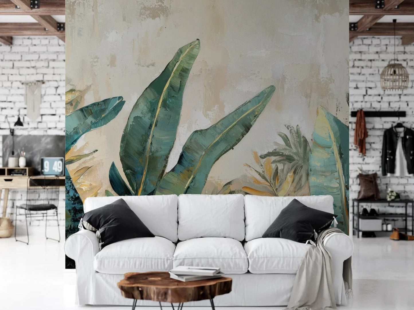 Wzór fototapety AQUA FOLIAGE - tapeta z tropikalnymi liśćmi w turkusowych odcieniach pokazanej w aranżacji salonu.