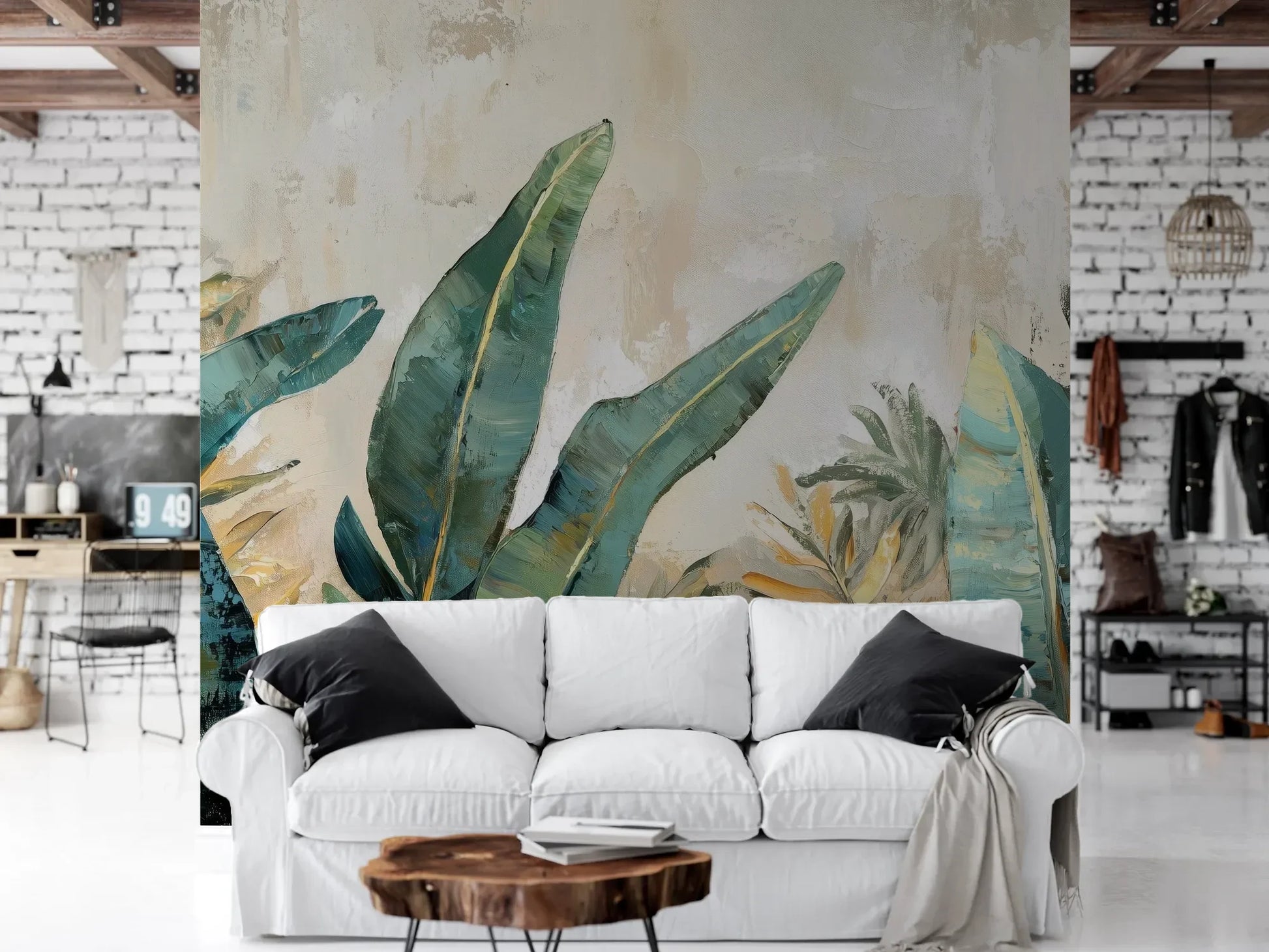 Wzór fototapety AQUA FOLIAGE - tapeta z tropikalnymi liśćmi w turkusowych odcieniach pokazanej w aranżacji salonu.